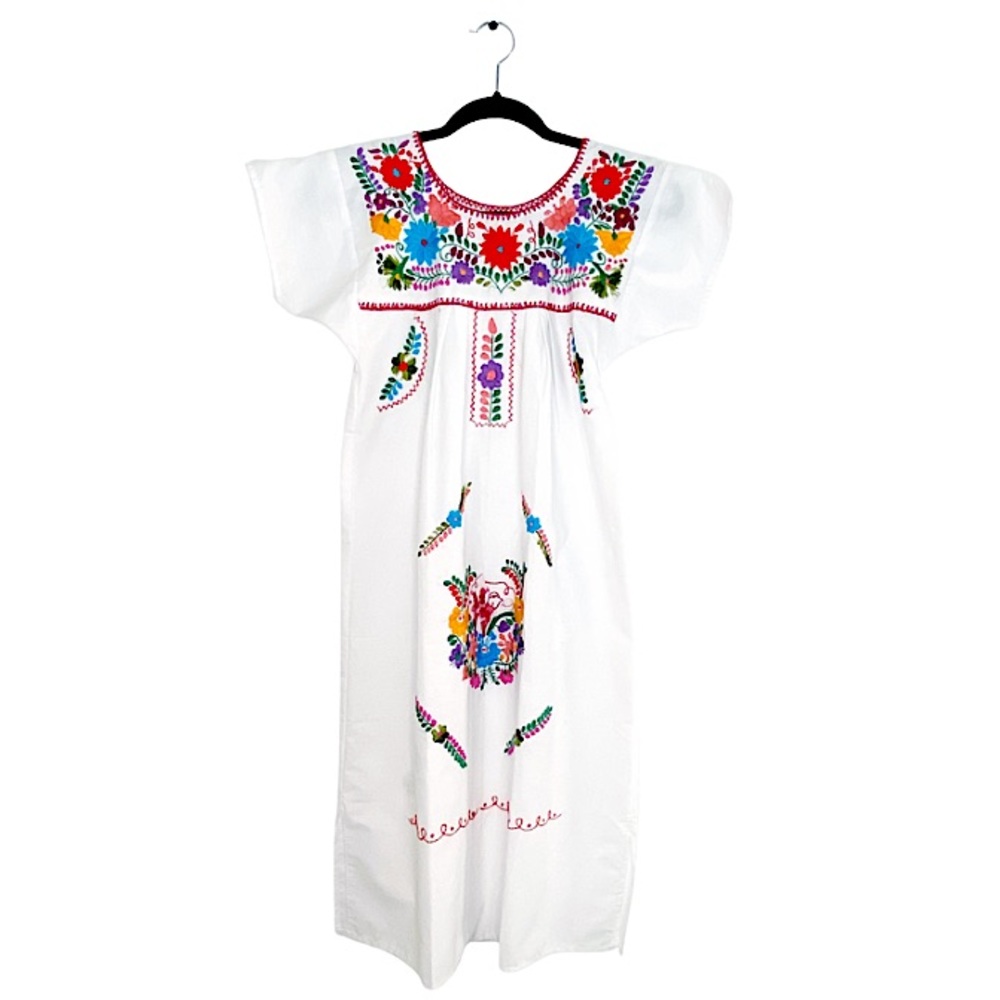 Authentic Handmade Embroidered Puebla Dress White Est. Size SMALL Mexican Floral